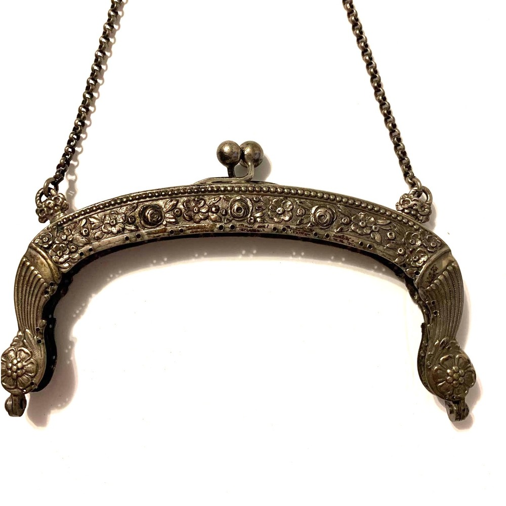 Antique Purse Frame Marked 800 Silver 4.7 oz Floral Kiss Lock